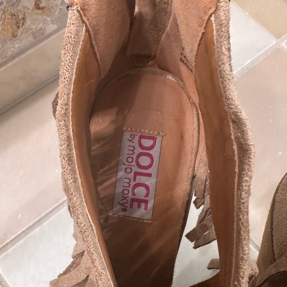 Mojo Moxy Tan Fringe Peep-Toe Booties - Picture 3 of 7